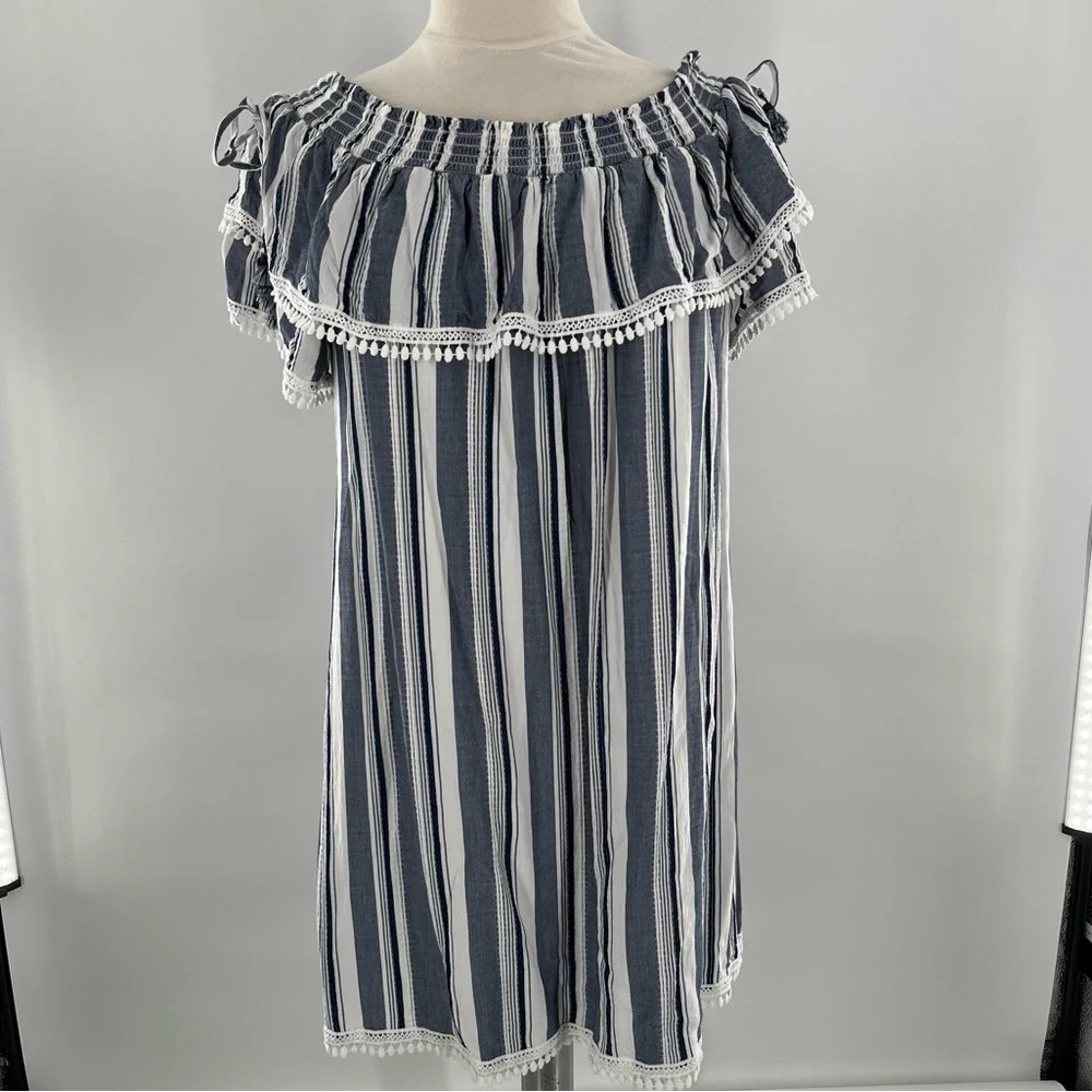 Luxology Dress Striped Off the Shoulder Short Sleeves Ruffle Coastal Nau… - Picture 5 of 13